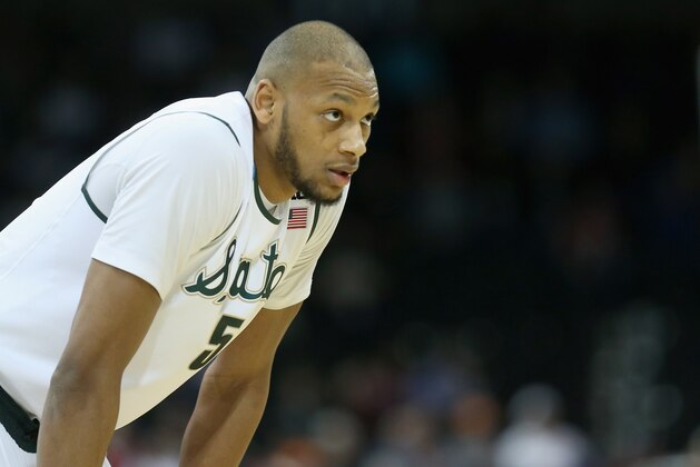 SPOKANE, WA - MARCH 20:  Adreian Payne #5 of the Michigan State Spartans looks on during their game against the Delaware Fightin Blue Hens in the second round of the 2014 NCAA Men's Basketball Tournament at Spokane Veterans Memorial Arena on March 20, 2014 in Spokane, Washington.  (Photo by Stephen Dunn/Getty Images)