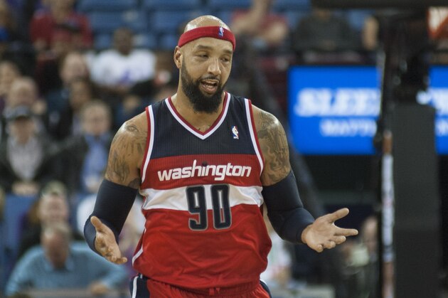 Mar 18, 2014; Sacramento, CA, USA; Washington Wizards forward Drew Gooden (90) reacts after scoring a basket against the Sacramento Kings during the fourth quarter at Sleep Train Arena. The Sacramento Kings defeated the Washington Wizards 117-111 in overtime. Mandatory Credit: Ed Szczepanski-USA TODAY Sports Mar 18, 2014; Sacramento, CA, USA; Washington Wizards forward Drew Gooden (90) reacts after scoring a basket against the Sacramento Kings during the fourth quarter at Sleep Train Arena. The Sacramento Kings defeated the Washington Wizards 117-111 in overtime. Mandatory Credit: Ed Szczepanski-USA TODAY Sports