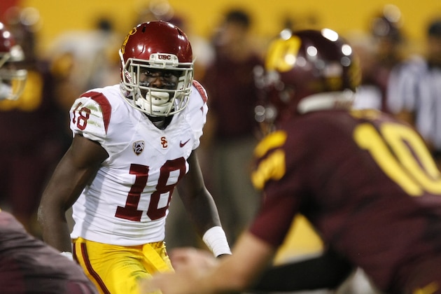 Southern California safety Dion Bailey (18) during the second half of an NCAA college football game against Arizona State on Saturday, Sept. 28, 2013, in Tempe, Ariz. (AP Photo/Rick Scuteri)