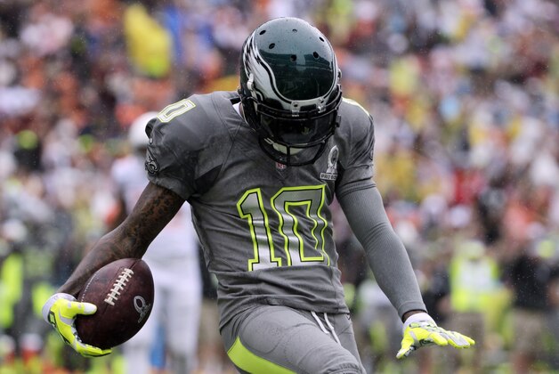 Philadelphia Eagles DeSean Jackson (10) of Team Sanders celebrates after making a catch for a touchdown in the first half during the Pro Bowl, Sunday, Jan. 26, 2014, at Aloha Stadium in Honolulu. (AP Photo/Eugene Tanner)
