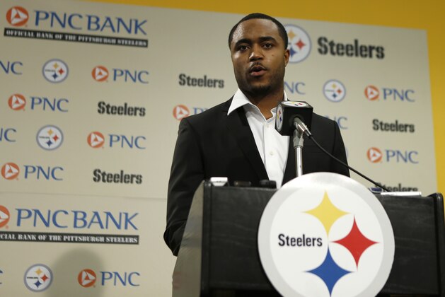 Newly acquired Pittsburgh Steelers safety Mike Mitchell answers questions during a news conference at the NFL football teams headquarters in Pittsburgh on Thursday, March 13, 2014. Mitchell signed a five-year deal with the Steelers. (AP Photo/Keith Srakocic)