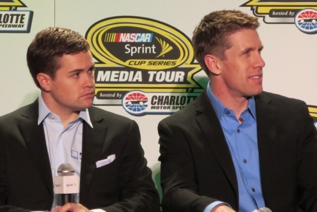 Carl Edwards and Ricky Stenhouse Jr. listen to media introduction  at the Sprint Media Tour