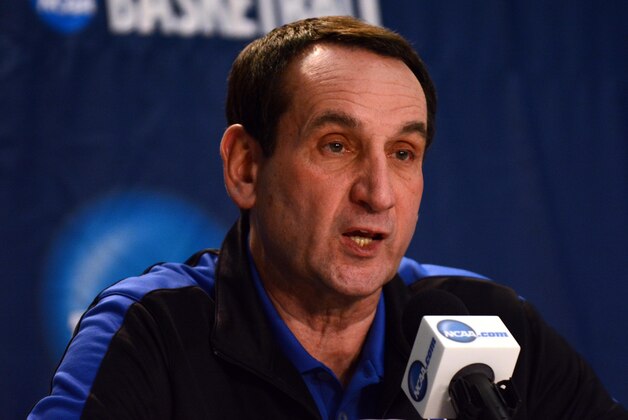 Mar 20, 2014; Raleigh, NC, USA; Duke Blue Devils head coach Mike Krzyzewski speaks during a press conference during practice before the second round of the 2014 NCAA Tournament at PNC Arena. Mandatory Credit: Rob Kinnan-USA TODAY Sports Mar 20, 2014; Raleigh, NC, USA; Duke Blue Devils head coach Mike Krzyzewski speaks during a press conference during practice before the second round of the 2014 NCAA Tournament at PNC Arena. Mandatory Credit: Rob Kinnan-USA TODAY Sports