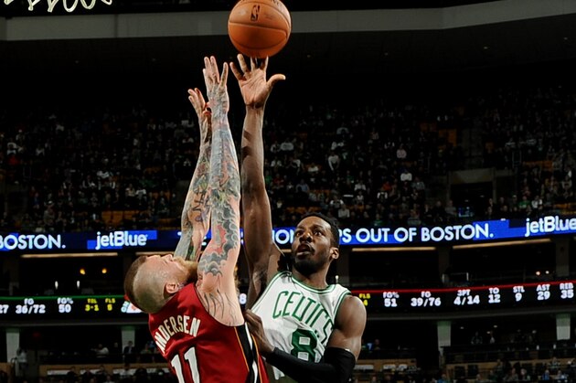 BOSTON, MA - MARCH 19: Jeff Green #8 of the Boston Celtics shoots the ball against Chris Andersen #11 of the Miami Heat on March 19, 2014 at the TD Garden in Boston, Massachusetts.  NOTE TO USER: User expressly acknowledges and agrees that, by downloading and or using this photograph, User is consenting to the terms and conditions of the Getty Images License Agreement. Mandatory Copyright Notice: Copyright 2014 NBAE  (Photo by Brian Babineau/NBAE via Getty Images)