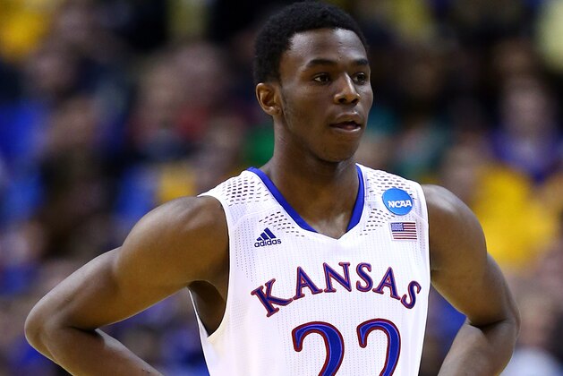 ST LOUIS, MO - MARCH 21:  Andrew Wiggins #22 of the Kansas Jayhawks looks on after a play against the Eastern Kentucky Colonels during the second round of the 2014 NCAA Men's Basketball Tournament at Scottrade Center on March 21, 2014 in St Louis, Missouri.  (Photo by Andy Lyons/Getty Images)