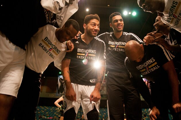 RENO, NV - March 7:  Royce White #33 of the Reno Bighorns surrounded by teammates during a huddle before their game against the Idaho Stampede March 7, 2014 at the Reno Events Center in Reno, Nevada. NOTE TO USER: User expressly acknowledges and agrees that, by downloading and/or using this Photograph, user is consenting to the terms and conditions of the Getty Images License Agreement. Mandatory Copyright Notice: Copyright 2014 NBAE (Photo by David Calvert/NBAE via Getty Images)