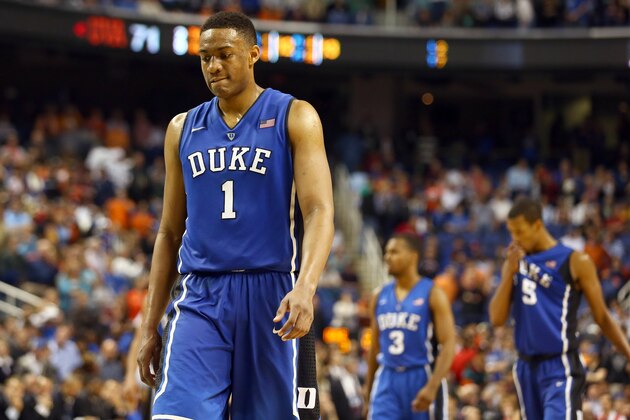 GREENSBORO, NC - MARCH 16:  Jabari Parker #1 of the Duke Blue Devils reacts during their final minutes of their loss to the Virginia Cavaliers in the finals of the 2014 Men's ACC Basketball Tournament at Greensboro Coliseum on March 16, 2014 in Greensboro, North Carolina.  (Photo by Streeter Lecka/Getty Images)