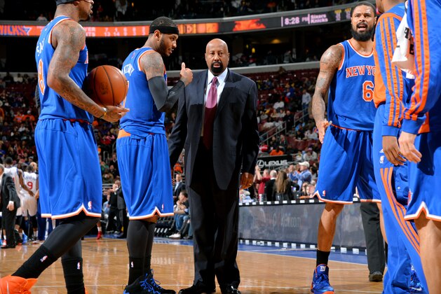 PHILADELPHIA, PA - MARCH 21: Head Coach Mike Woodson of the New York Knicks talks with his teamates during a game against the Philadelphia 76ers at the Wells Fargo Center on March 21, 2014 in Philadelphia, Pennsylvania. NOTE TO USER: User expressly acknowledges and agrees that, by downloading and or using this photograph, User is consenting to the terms and conditions of the Getty Images License Agreement. Mandatory Copyright Notice: Copyright 2014 NBAE (Photo by Jesse D. Garrabrant/NBAE via Getty Images)