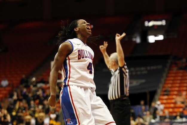 Mar 14, 2014; El Paso, TX, USA; Louisiana Tech Bulldogs guard Kenneth Smith (4) celebrates with teammates after hitting a three point shot against the Southern Miss Golden Eagles in the semifinals of the Conference USA college basketball tournament at Don Haskins Center. The Bulldogs defeated the Golden Eagles 88-70. Mandatory Credit: Ivan Pierre Aguirre-USA TODAY Sports