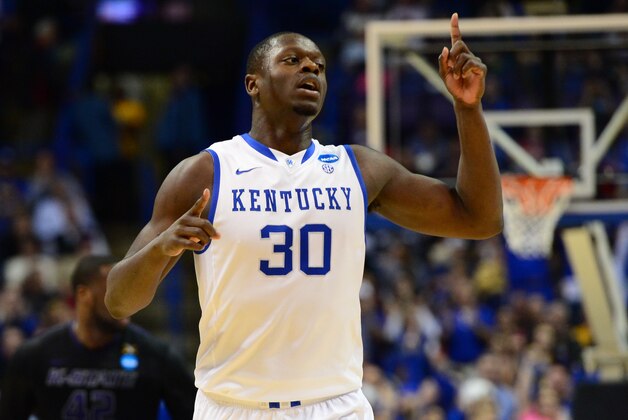 Mar 21, 2014; St. Louis, MO, USA; Kentucky Wildcats forward Julius Randle (30) reacts against the Kansas State Wildcats in the first half during the 2nd round of the 2014 NCAA Men's Basketball Championship at Scottrade Center. Mandatory Credit: Jasen Vinlove-USA TODAY Sports