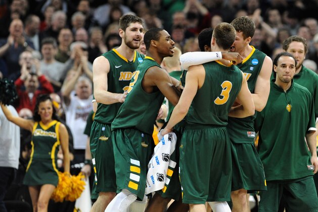 SPOKANE, WA - MARCH 20: The North Dakota State Bison celebrate their win over the Oklahoma Sooners during the second round of the 2014 NCAA Men's Basketball Tournament at Spokane Veterans Memorial Arena on March 20, 2014 in Spokane, Washington. North Dakota State won the game 80-75. (Photo by Steve Dykes/Getty Images) SPOKANE, WA - MARCH 20: The North Dakota State Bison celebrate their win over the Oklahoma Sooners during the second round of the 2014 NCAA Men's Basketball Tournament at Spokane Veterans Memorial Arena on March 20, 2014 in Spokane, Washington. North Dakota State won the game 80-75. (Photo by Steve Dykes/Getty Images)
