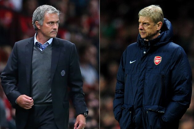 (FILE PHOTO - EDITORS NOTE: COMPOSITE OF TWO IMAGES - Image Numbers 177996036 (L) and 452339145) In this composite image a comparison has been made between Chelsea Manager Jose Mourinho (L) and Arsenal Manager Arsene Wenger. The Premier League match between Arsenal and Chelsea takes place on December 23, 2013 at the Emirates Stadium, London, England. ***LEFT IMAGE*** MANCHESTER, ENGLAND - AUGUST 26: Chelsea Manager Jose Mourinho looks on during the Barclays Premier League match between Manchester United and Chelsea at Old Trafford on August 26, 2013 in Manchester, England. (Photo by Alex Livesey/Getty Images) ***RIGHT IMAGE*** LONDON, ENGLAND - NOVEMBER 26: Manager Arsene Wenger of Arsenal looks on during the UEFA Champions League Group F match between Arsenal and Olympique de Marseille at Emirates Stadium on November 26, 2013 in London, England. (Photo by Shaun Botterill/Getty Images)