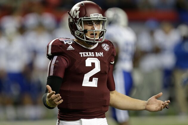 ATLANTA, GA - DECEMBER 31:  Quarterback Johnny Manziel #2 of the Texas A&M Aggies argues a call during the the Chick-fil-A Bowl game against the Duke Blue Devils at the Georgia Dome on December 31, 2013 in Atlanta, Georgia.  (Photo by Mike Zarrilli/Getty Images)