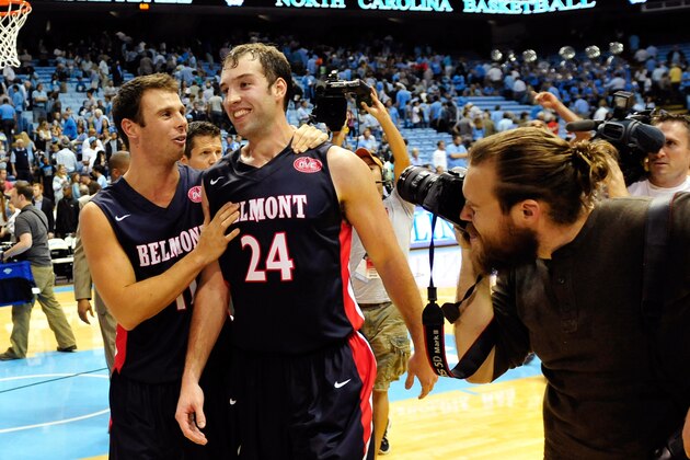 CHAPEL HILL, NC - NOVEMBER 17:  Spencer Turner #11 and J.J. Mann #24 of the Belmont Bruins leave the court after a last-second win over the North Carolina Tar Heels at the Dean Smith Center on November 17, 2013 in Chapel Hill, North Carolina. Mann hit the game-winning 3-point shot as Belmont defeated North Carolina, 83-80.  (Photo by Grant Halverson/Getty Images)