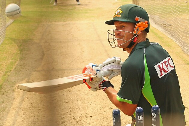 DHAKA, BANGLADESH - MARCH 22:  David Warner of Australia bats during a nets session ahead of the ICC World Twenty20 Bangladesh 2014 at Sher-e-Bangla Mirpur Stadium on March 22, 2014 in Dhaka, Bangladesh.  (Photo by Scott Barbour/Getty Images)