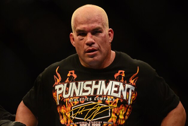 Jul. 7, 2012; Las Vegas, NV, USA; UFC fighter Tito Ortiz reacts following his loss in a light heavyweight bout in UFC 148 at the MGM Grand Garden Arena. Ortiz retired following the fight. Mandatory Credit: Mark J. Rebilas-USA TODAY Sports