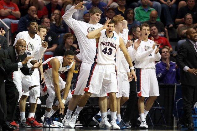 SAN DIEGO, CA - MARCH 21:  Drew Barham #43 and other players on the bench of the Gonzaga Bulldogs  cheer for their team during their game Oklahoma State Cowboys in the second round of the 2014 NCAA Men's Basketball Tournament at Viejas Arena on March 21, 2014 in San Diego, California.  (Photo by Jeff Gross/Getty Images)