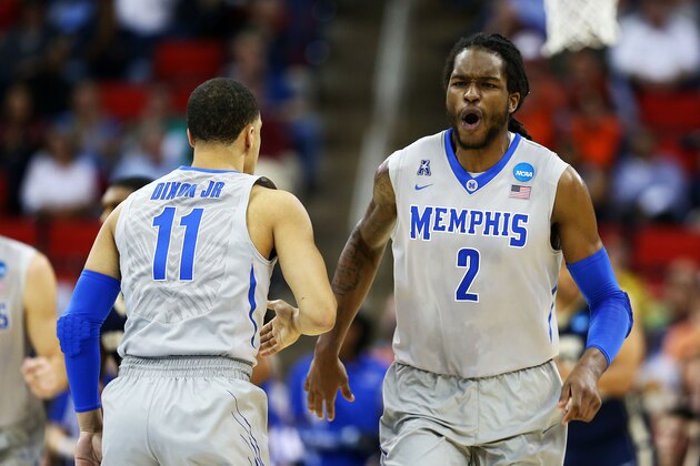 RALEIGH, NC - MARCH 21:  Shaq Goodwin #2 and Michael Dixon Jr. #11 of the Memphis Tigers celebrate in the second half against the George Washington Colonials during the Second Round of the 2014 NCAA Basketball Tournament at PNC Arena on March 21, 2014 in Raleigh, North Carolina.  (Photo by Streeter Lecka/Getty Images)