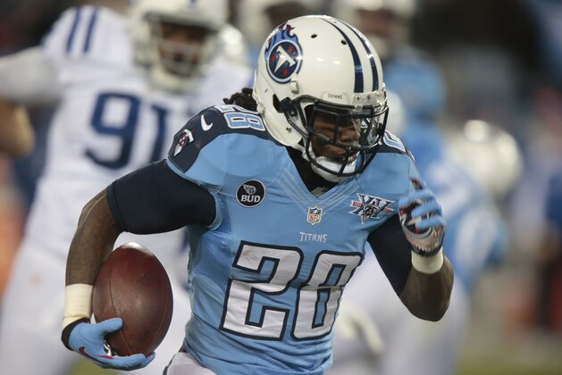 Tennessee Titans running back Chris Johnson (28) runs 30-yards for a touchdown against the Indianapolis Colts in the first quarter of an NFL football game Thursday, Nov. 14, 2013, in Nashville, Tenn.(AP Photo/Wade Payne) Tennessee Titans running back Chris Johnson (28) runs 30-yards for a touchdown against the Indianapolis Colts in the first quarter of an NFL football game Thursday, Nov. 14, 2013, in Nashville, Tenn.(AP Photo/Wade Payne)