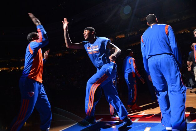 PHILADELPHIA, PA - MARCH 21: Carmelo Anthony #7 of the New York Knicks gets introduced before a game against the Philadelphia 76ers at the Wells Fargo Center on March 21, 2014 in Philadelphia, Pennsylvania. NOTE TO USER: User expressly acknowledges and agrees that, by downloading and or using this photograph, User is consenting to the terms and conditions of the Getty Images License Agreement. Mandatory Copyright Notice: Copyright 2014 NBAE (Photo by Jesse D. Garrabrant/NBAE via Getty Images) PHILADELPHIA, PA - MARCH 21: Carmelo Anthony #7 of the New York Knicks gets introduced before a game against the Philadelphia 76ers at the Wells Fargo Center on March 21, 2014 in Philadelphia, Pennsylvania. NOTE TO USER: User expressly acknowledges and agrees that, by downloading and or using this photograph, User is consenting to the terms and conditions of the Getty Images License Agreement. Mandatory Copyright Notice: Copyright 2014 NBAE (Photo by Jesse D. Garrabrant/NBAE via Getty Images)