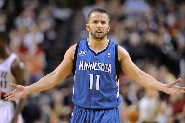 Minnesota Timberwolves' J.J. Barea (11) reacts to a referees call during an NBA basketball game in Portland, Ore., Sunday Feb. 23, 2014.  (AP Photo/Greg Wahl-Stephens)