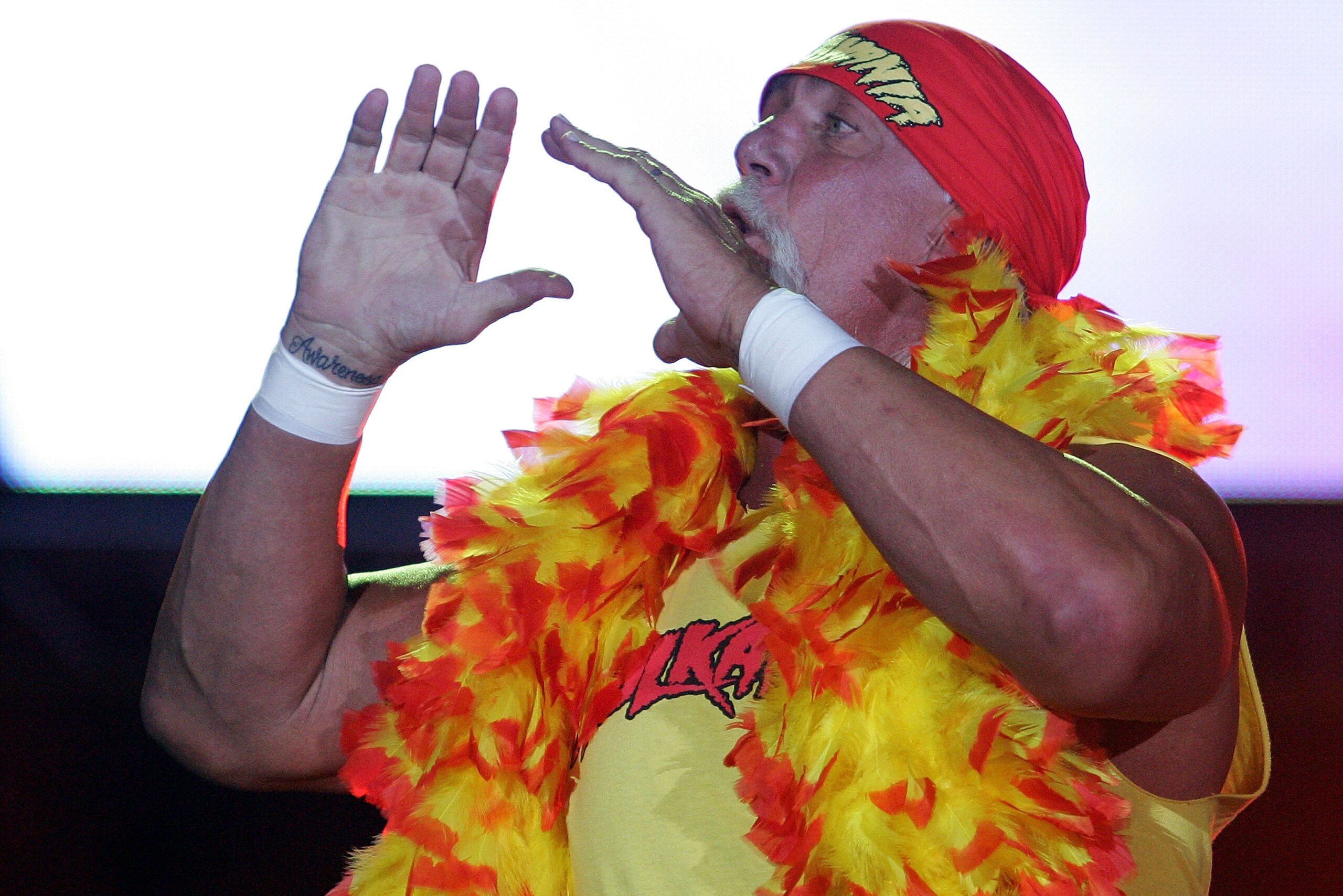 PERTH, AUSTRALIA - NOVEMBER 24:  Hulk Hogan enters the stage prior to his bout against Ric Flair during the Hulkamania Tour at the Burswood Dome on November 24, 2009 in Perth, Australia.  (Photo by Paul Kane/Getty Images)