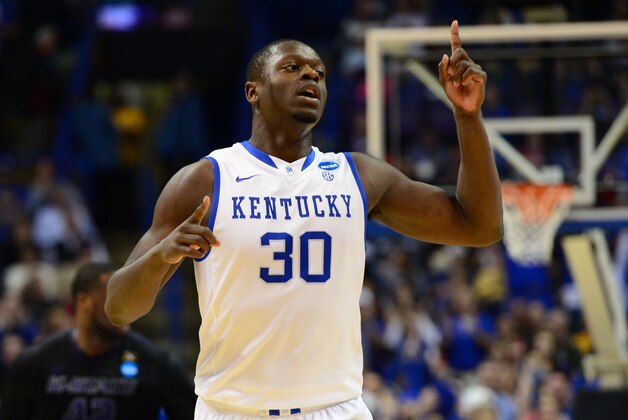 Mar 21, 2014; St. Louis, MO, USA; Kentucky Wildcats forward Julius Randle (30) reacts against the Kansas State Wildcats in the first half during the 2nd round of the 2014 NCAA Men's Basketball Championship at Scottrade Center. Mandatory Credit: Jasen Vinlove-USA TODAY Sports