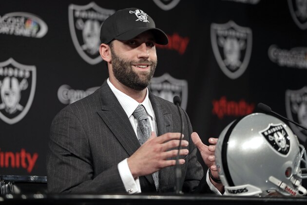 Oakland Raiders quarterback Matt Schaub  gestures while speaking during a news conference Friday, March 21, 2014, at the NFL football team's practice facility in Alameda, Calif. (AP Photo/Ben Margot)