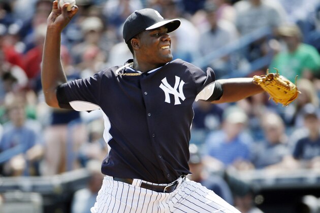 New York Yankees starting pitcher Michael Pineda delivers in the first inning against the Boston Red Sox in a spring exhibition baseball game in Tampa, Fla., Tuesday, March 18, 2014. Pineda, who missed the past two seasons while recovering from right shoulder surgery, gave up four hits and struck out five in 4 1-3 shutout innings. (AP Photo/Kathy Willens)