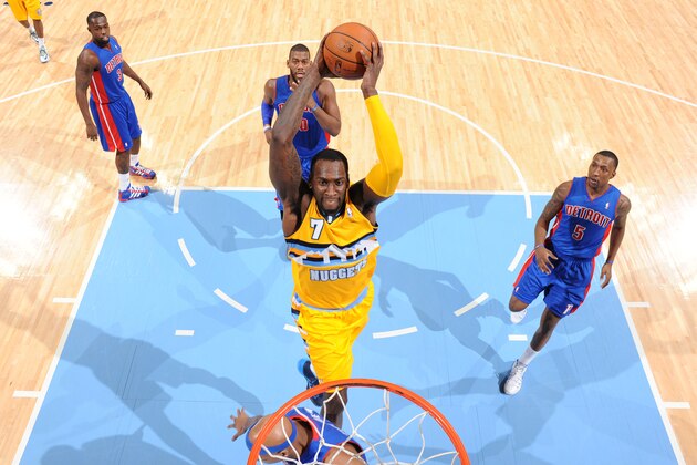 DENVER, CO - MARCH 19: J.J. Hickson #7 of the Denver Nuggets goes up for the dunk against the Detroit Pistons on March 19, 2014 at the Pepsi Center in Denver, Colorado. NOTE TO USER: User expressly acknowledges and agrees that, by downloading and/or using this Photograph, user is consenting to the terms and conditions of the Getty Images License Agreement. Mandatory Copyright Notice: Copyright 2014 NBAE (Photo by Garrett W. Ellwood/NBAE via Getty Images)