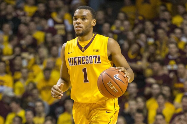 Feb 8, 2014; Minneapolis, MN, USA; Minnesota Golden Gophers guard Andre Hollins (1) dribbles the ball in the second half against the Indiana Hoosiers at Williams Arena. The Golden Gophers won 66-60. Mandatory Credit: Jesse Johnson-USA TODAY Sports
