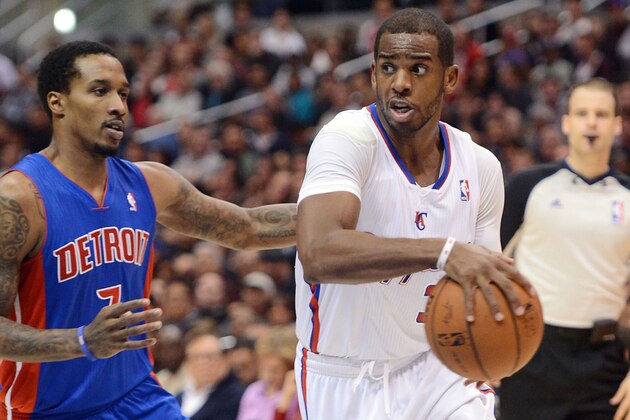Mar 22, 2014; Los Angeles, CA, USA;  Los Angeles Clippers guard Chris Paul (3) throws his 6,000th career assist past Detroit Pistons guard Brandon Jennings (7) during the first quarter of the game at Staples Center. Mandatory Credit: Jayne Kamin-Oncea-USA TODAY Sports
