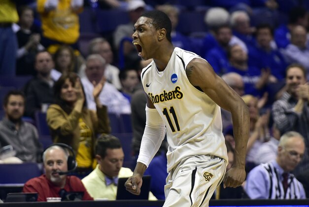 Mar 21, 2014; St. Louis, MO, USA; Wichita State Shockers forward Cleanthony Early (11) reacts against the Cal Poly Mustangs in the first half during the 2nd round of the 2014 NCAA Men's Basketball Championship at Scottrade Center. Mandatory Credit: Scott Rovak-USA TODAY Sports Mar 21, 2014; St. Louis, MO, USA; Wichita State Shockers forward Cleanthony Early (11) reacts against the Cal Poly Mustangs in the first half during the 2nd round of the 2014 NCAA Men's Basketball Championship at Scottrade Center. Mandatory Credit: Scott Rovak-USA TODAY Sports