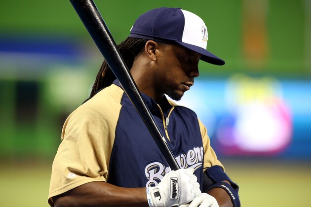 MIAMI, FL - JUNE 11: Rickie weeks #23 of the Milwaukee Brewers takes batting practice against the Miami Marlins at Marlins Park on June 11, 2013 in Miami, Florida.  (Photo by Marc Serota/Getty Images)