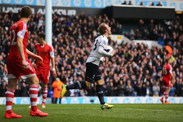 LONDON, ENGLAND - MARCH 23: Christian Eriksen of Tottenham Hotspur celebrates scoring his second goal during the Barclays Premier League match between Tottenham Hotspur and Southampton at White Hart Lane on March 23, 2014 in London, England.  (Photo by Clive Rose/Getty Images)