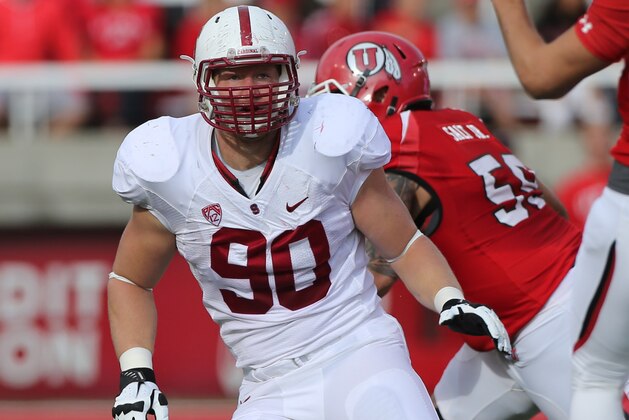 SALT LAKE CITY, UT - OCTOBER 12: Josh Mauro #90 of the Stanford Cardinal plays in a game against the Utah Utes during the first half of an NCAA football game October 12, 2013 at Rice Eccles Stadium in Salt Lake City, Utah. (Photo by George Frey/Getty Images)