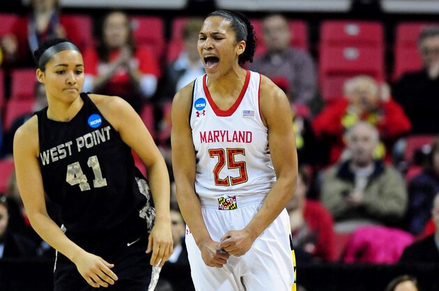 Mar 23, 2014; College Park, MD, USA; Maryland Terrapins forward Alyssa Thomas (25) reacts after a blocked shot in against Army Black Knights forward Brianna Johnson (41) in the first half of a women's college basketball game in the first round of the NCAA Tournament at Comcast Center. Mandatory Credit: Evan Habeeb-USA TODAY Sports