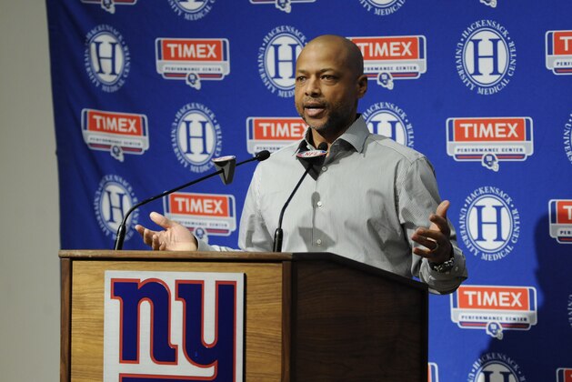 New York Giants general manager Jerry Reese talks to the media after the Giants NFL football season ended Monday, Jan. 3, 2011 in East Rutherford, N.J. (AP Photo/Bill Kostroun)