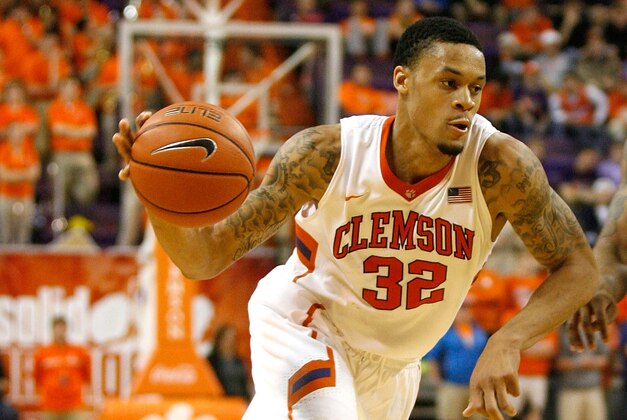 CLEMSON, SC - FEBRUARY 4: K.J. McDaniels #32 of the Clemson Tigers drives to the basket during the game against the Georgia Tech Yellow Jackets at Littlejohn Coliseum on February 4, 2014 in Clemson, South Carolina. (Photo by Tyler Smith/Getty Images)