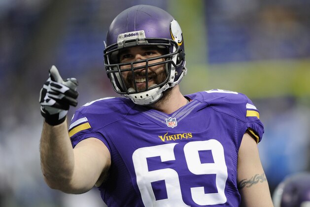 MINNEAPOLIS, MN - DECEMBER 29: Jared Allen #69 of the Minnesota Vikings looks on before the game against the Detroit Lions on December 29, 2013 at Mall of America Field at the Hubert H. Humphrey Metrodome in Minneapolis, Minnesota. (Photo by Hannah Foslien/Getty Images)