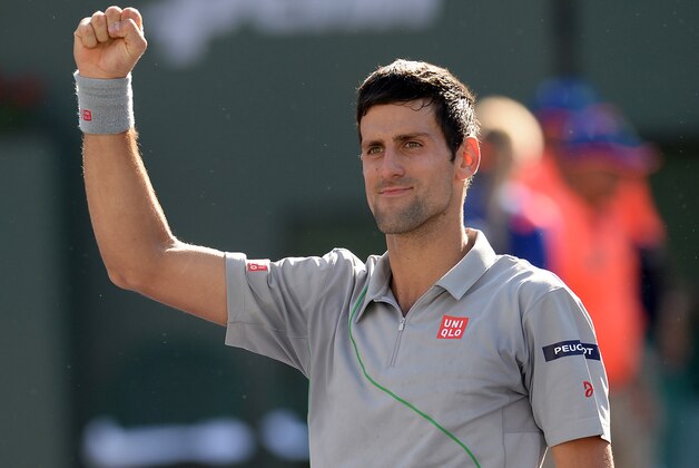 Mar 16, 2014; Indian Wells, CA, USA; Novak Djokovic (SRB) reacts as he wins the final of the BNP Paribas Open against Roger Federer (SUI) at the Indian Wells Tennis Garden. Djokovic won 6-3, 3-6, 7-6. Mandatory Credit: Jayne Kamin-Oncea-USA TODAY Sports