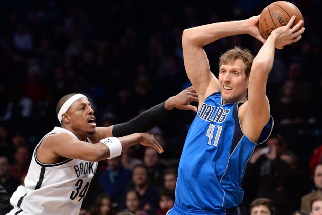 Jan 24, 2014; Brooklyn, NY, USA; Brooklyn Nets small forward Paul Pierce (34) guards Dallas Mavericks power forward Dirk Nowitzki (41) during the first half at Barclays Center. Mandatory Credit: Joe Camporeale-USA TODAY Sports Jan 24, 2014; Brooklyn, NY, USA; Brooklyn Nets small forward Paul Pierce (34) guards Dallas Mavericks power forward Dirk Nowitzki (41) during the first half at Barclays Center. Mandatory Credit: Joe Camporeale-USA TODAY Sports