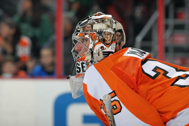 PHILADELPHIA, PA - MARCH 15:  Steve Mason #35 of the Philadelphia Flyers looks on against the Pittsburgh Penguins on March 15, 2014 at the Wells Fargo Center in Philadelphia, Pennsylvania.  (Photo by Len Redkoles/NHLI via Getty Images)