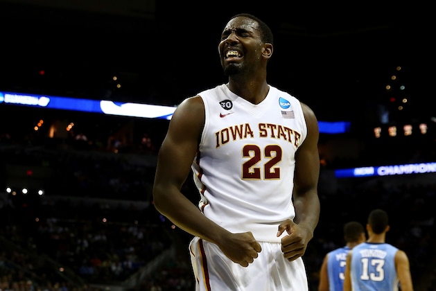 SAN ANTONIO, TX - MARCH 23: Dustin Hogue #22 of the Iowa State Cyclones reacts against the North Carolina Tar Heels during the third round of the 2014 NCAA Men's Basketball Tournament at the AT&T Center on March 23, 2014 in San Antonio, Texas.  (Photo by Tom Pennington/Getty Images)