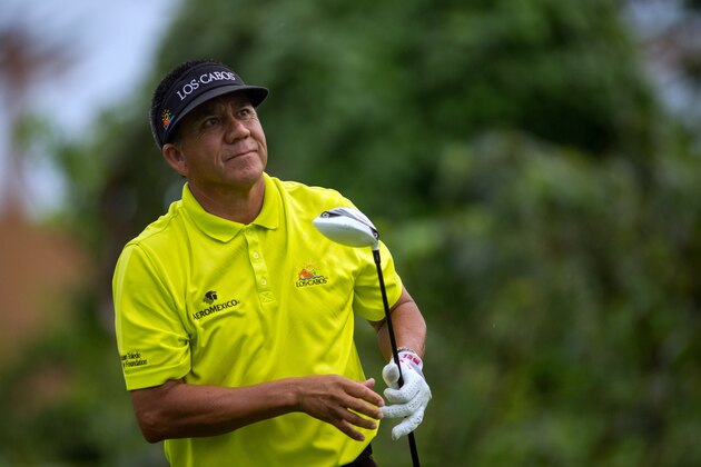 RIVIERA MAYA, MEXICO - NOVEMBER 15: Esteban Toledo of Mexico watches a tee shot at the 18th hole during the second round of the 2013 OHL Classic at Mayakoba, played at El Camaleon Golf Club on November 15, 2013 in Playa Del Carmen, Mexico. (Photo by Darren Carroll/Getty Images)