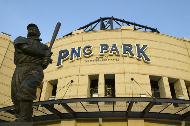 PITTSBURGH - MAY 9:  The J.P. 'Honus' Wagner statue is in front of the PNC Park before the game between the Los Angeles Dodgers and the Pittsburgh Pirates on May 9, 2004 in Pittsburgh, Pennsylvania.  The Dodgers won 9-7.  (Photo by Rick Stewart/Getty Images)