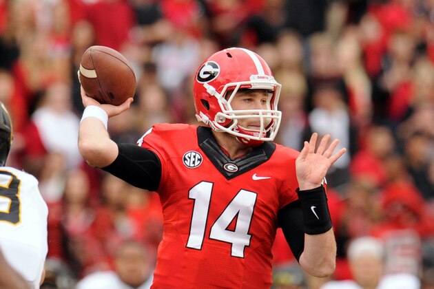 Nov 9, 2013; Athens, GA, USA; Georgia Bulldogs quarterback Hutson Mason (14) throws a pass against the Appalachian State Mountaineers during the second half at Sanford Stadium. Georgia defeated Appalachian State 45-6. Mandatory Credit: Dale Zanine-USA TODAY Sports