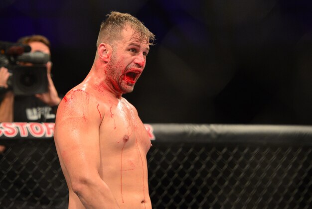 Oct 9, 2013; Barueri, Sao Paulo, Brazil; Fabio Maldonado (black shorts) reacts during his fight against Joey Beltran (not pictured) during UFC Fight Night 29 at Jose Correa Arena. Mandatory Credit: Jason Silva-USA TODAY Sports