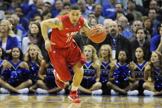 Mar 8, 2014; Memphis, TN, USA; Southern Methodist Mustangs guard Nic Moore (11) handles the ball during the game against the Memphis Tigers at FedExForum. Mandatory Credit: Justin Ford-USA TODAY Sports
