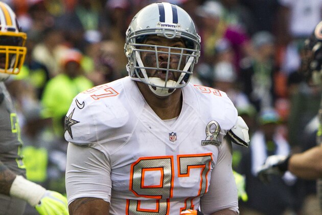 Dallas Cowboys defensive tackle Jason Hatcher (97) of Team Rice celebrates after sacking Philadelphia Eagles quarterback Nick Foles (9) of Team Sanders forcing Team Sanders into a 67-yard kick attempt during the fourth quarter at the NFL Pro Bowl football game at Aloha Stadium, Sunday, Jan. 26, 2014, in Honolulu.  (AP Photo/Marco Garcia)